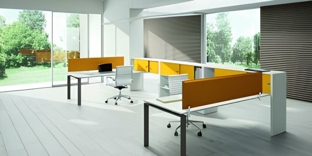 Colombini Uffici modello Loft tavolo giallo con sedie bianche
